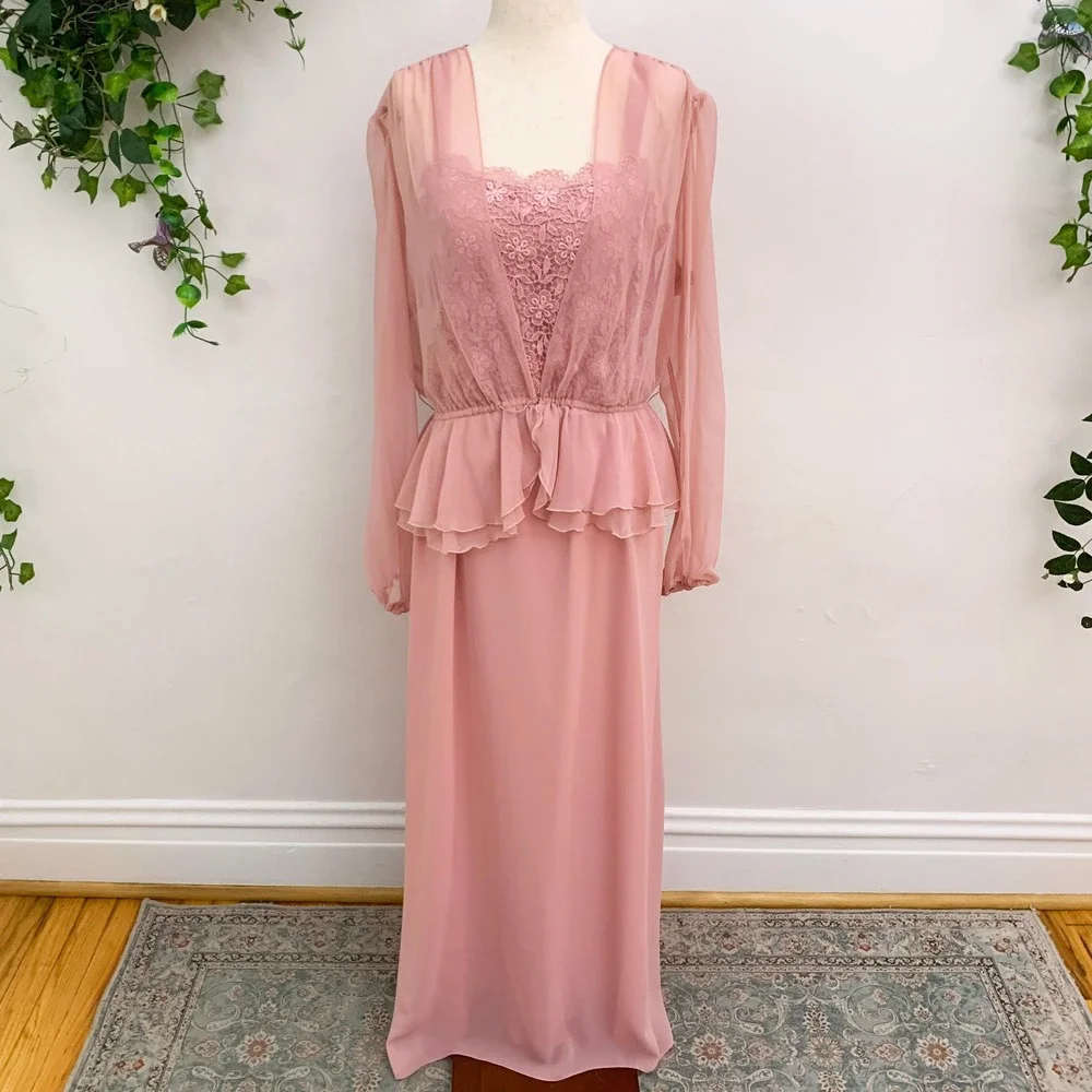 Vintage 70's Pink Maxi Dress Sheer Jacket 2‎ piece set